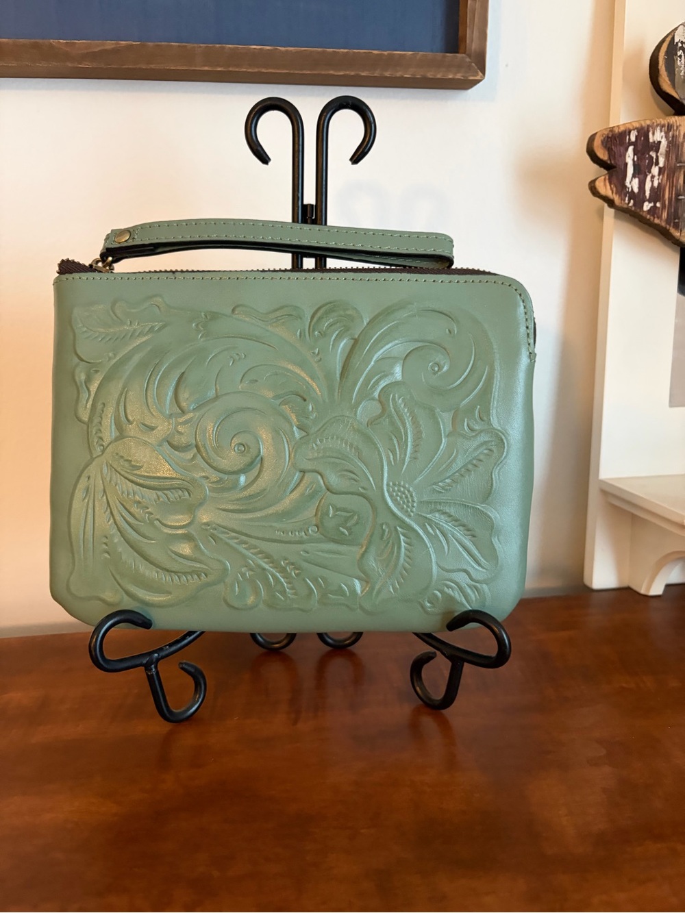 Patricia Nash Embossed Sage Green Leather Wristlet